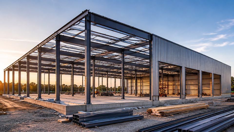 Industrial steel building under construction showing structural framing, concrete foundation, and industrial facility development