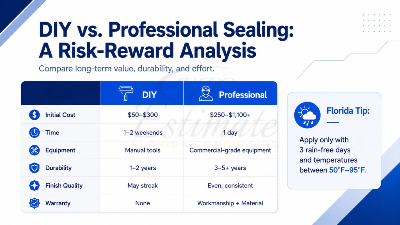 Infographic comparing DIY and professional driveway sealing, including costs, durability, equipment, finish quality, warranty, and project timeline.