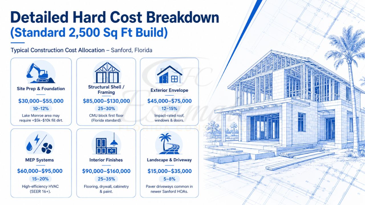 Infographic showing the hard cost breakdown for a standard 2,500 sq ft home build in Sanford, Florida, including foundation, framing, exterior, MEP systems, interior finishes, and landscaping costs.