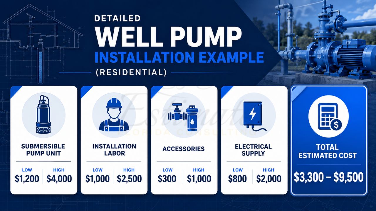 Residential well pump installation cost breakdown showing submersible pump unit, labor, accessories, electrical supply, and total installation cost estimate