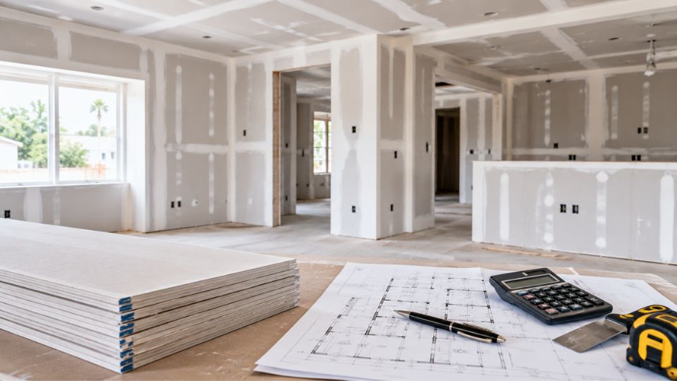 Drywall installation project in Fort Myers with drywall sheets, floor plans, calculator, and cost estimating tools