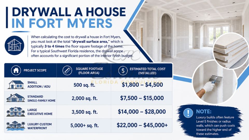 Drywall installation cost for a house in Fort Myers showing drywall sheets, finishing work, and project cost estimates