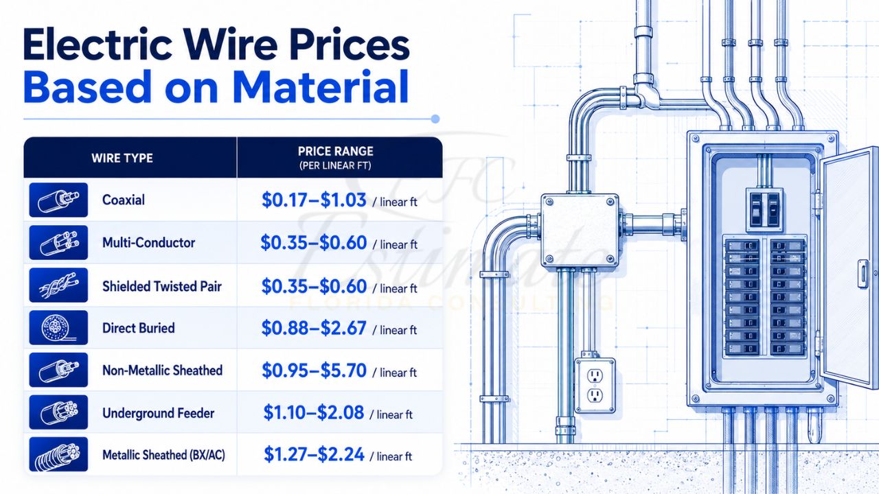 Infographic showing electric wire prices by material type with price per linear foot and an electrical panel blueprint illustration.