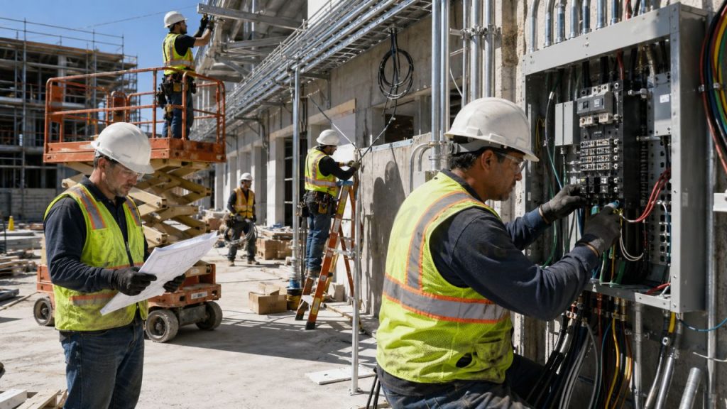 Electricians installing electrical panels, conduit, and wiring at a commercial construction site for electrical construction cost per square foot guide.