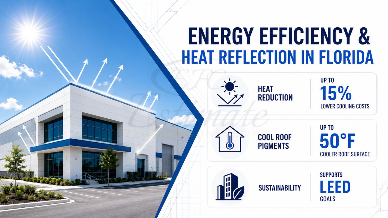 Modern commercial building with reflective exterior coating demonstrating energy-efficient paint technology, solar heat reflection, and cooling cost reduction in Florida.