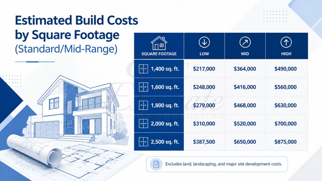 Infographic showing estimated home construction costs by square footage with low, mid, and high price ranges for standard and mid-range residential homes.