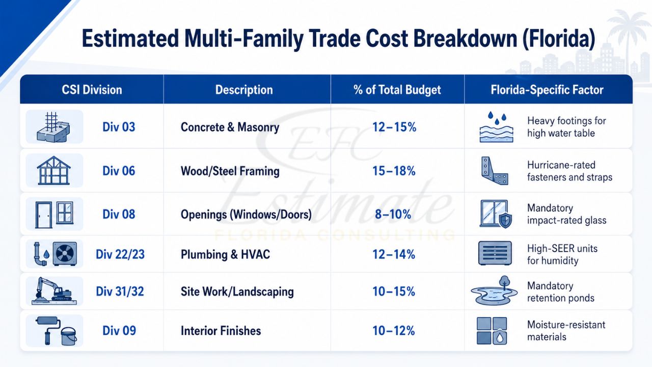 Infographic showing the estimated multi-family construction trade cost breakdown in Florida by CSI division, including concrete, framing, windows, plumbing, HVAC, interior finishes, and site work.