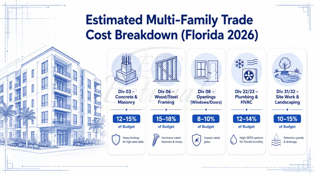Infographic showing estimated multi-family construction trade cost breakdown in Florida, including concrete, framing, windows, HVAC, plumbing, site work, and landscaping budget percentages.