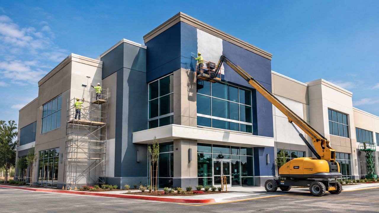 Commercial office building with modern blue, gray, and white exterior paint colors being applied by professional painters using aerial lifts and scaffolding.