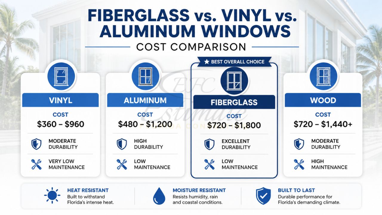 Cost comparison chart showing fiberglass, vinyl, aluminum, and wood windows with pricing, durability, and maintenance requirements for Florida homes