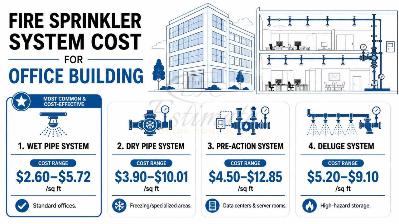 Infographic showing fire sprinkler system costs for office buildings, including wet pipe, dry pipe, pre-action, and deluge fire protection systems
