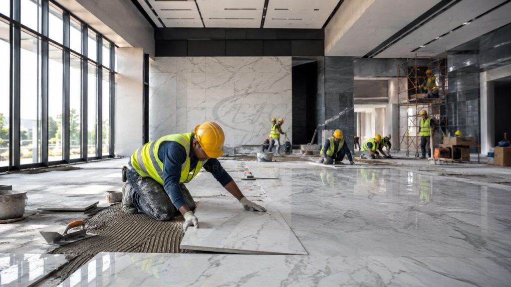Construction workers installing large-format marble floor tiles inside a commercial building project in Florida