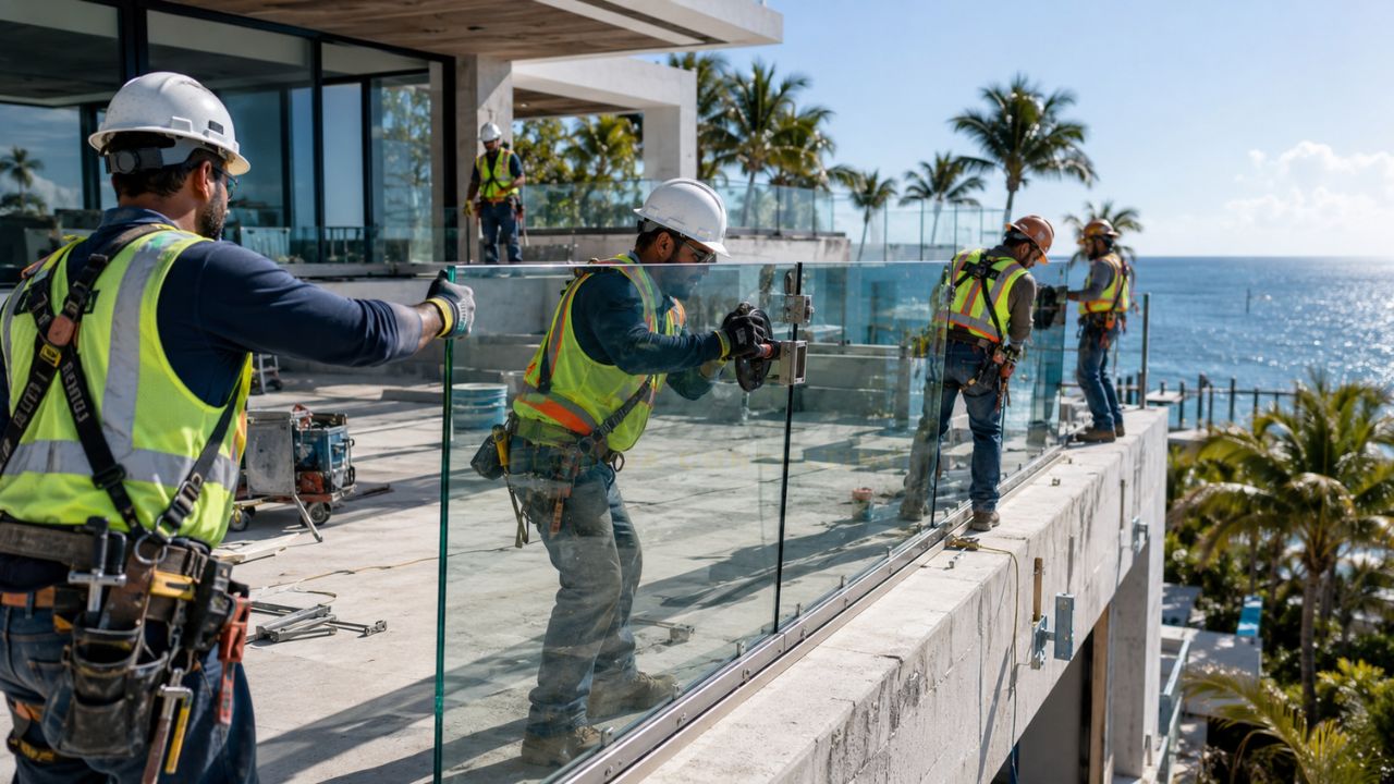 Construction workers installing frameless glass railing panels on a luxury beachfront property in Ormond Beach, Florida