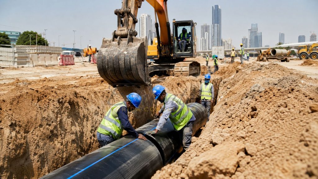 Construction workers installing HDPE pipe in an underground utility trench using excavator equipment for infrastructure and utility development project