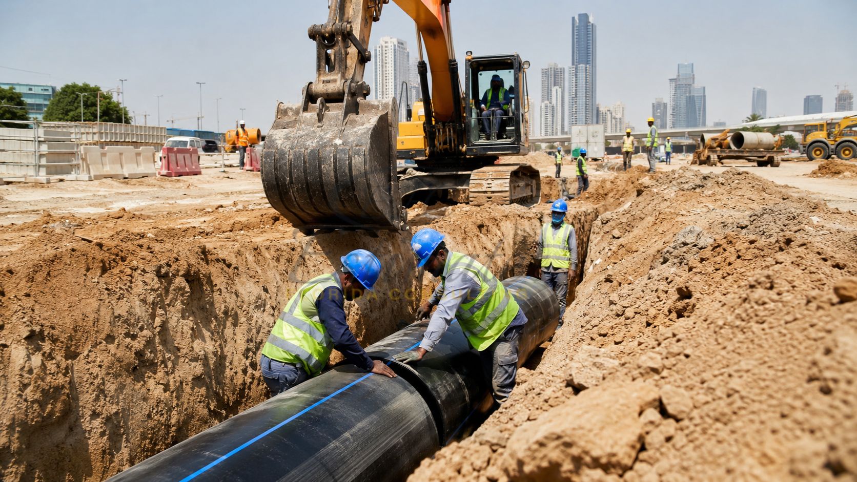 Construction workers installing HDPE pipe in an underground utility trench using excavator equipment for infrastructure and utility development project