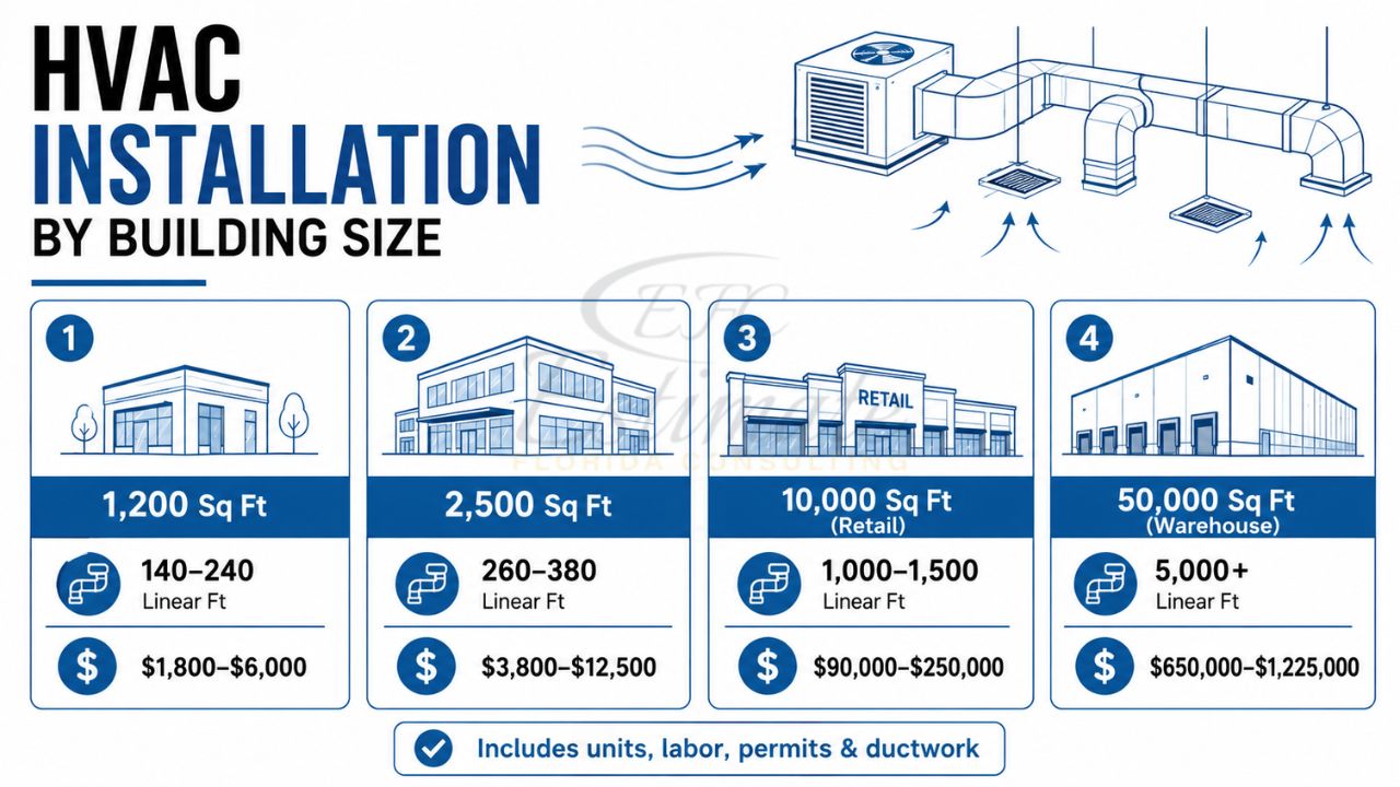 Infographic showing HVAC installation costs, ductwork requirements, and system sizing for commercial buildings of different square footage in Florida