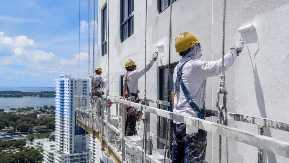 Professional painters applying exterior paint on a high-rise building using suspended scaffolding in Florida