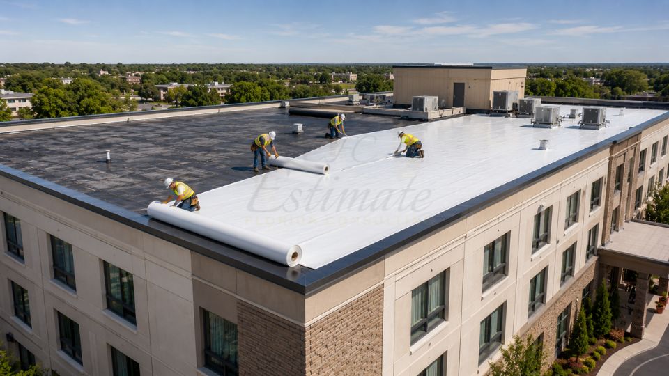 Hotel flat roof replacement project with contractors installing commercial roofing membrane on a hotel building