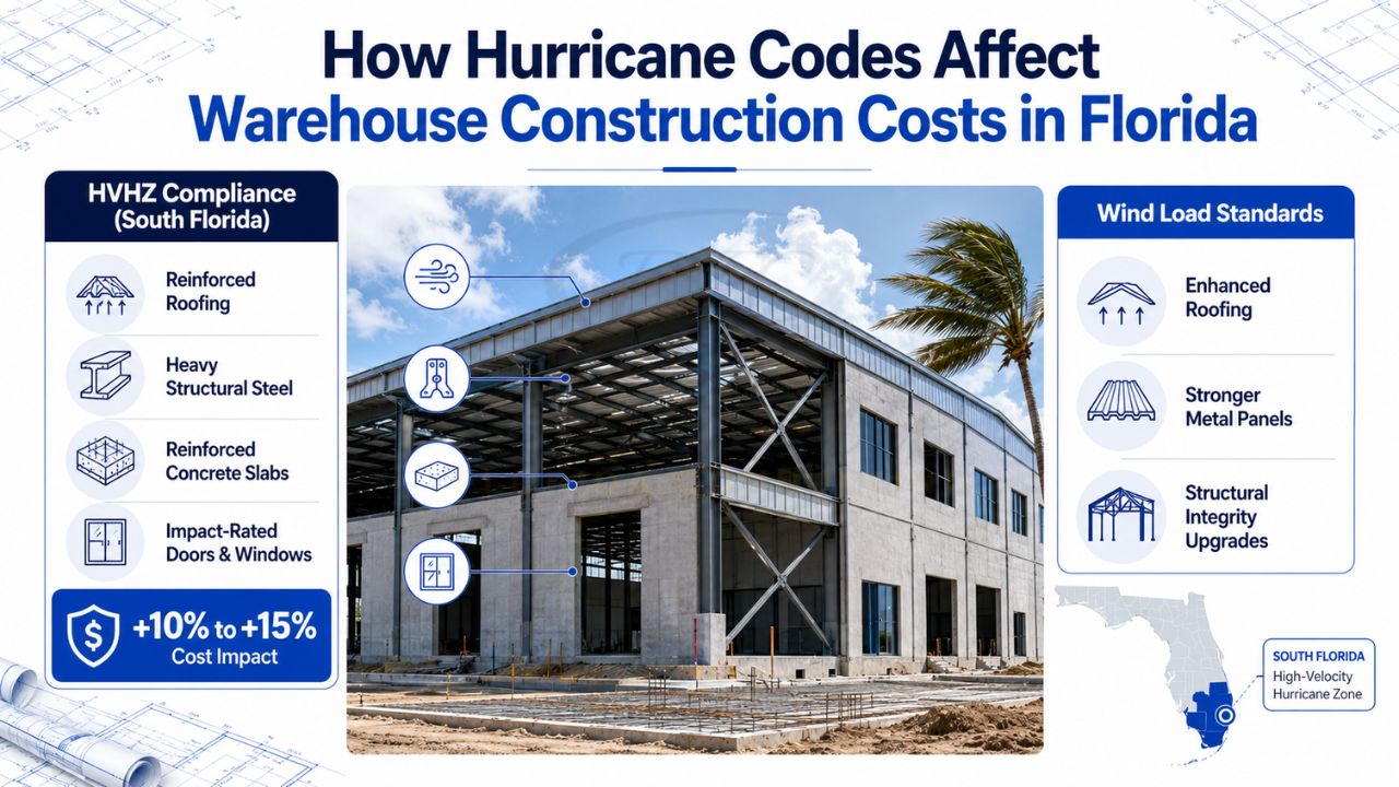 Florida warehouse construction project designed for hurricane code compliance with reinforced steel framing, impact-rated openings, and wind-load structural upgrades.