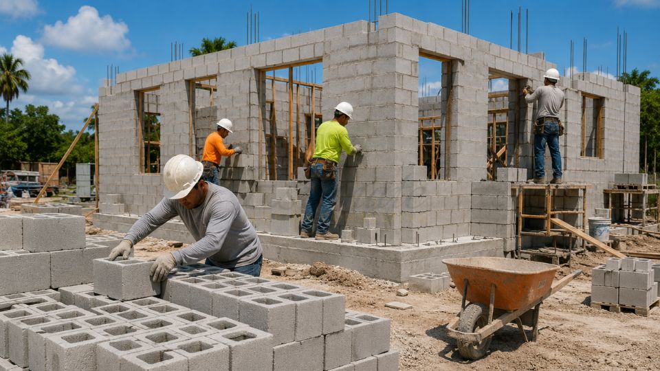 Construction workers installing concrete cinder blocks for a 1,500 square foot house foundation and exterior walls