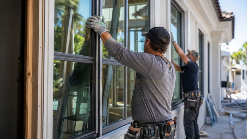 Professional contractors installing fiberglass windows in a residential home during a window replacement project in Florida