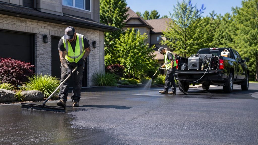 Workers applying asphalt driveway sealer using professional equipment on a residential driveway to protect the pavement and extend its lifespan.