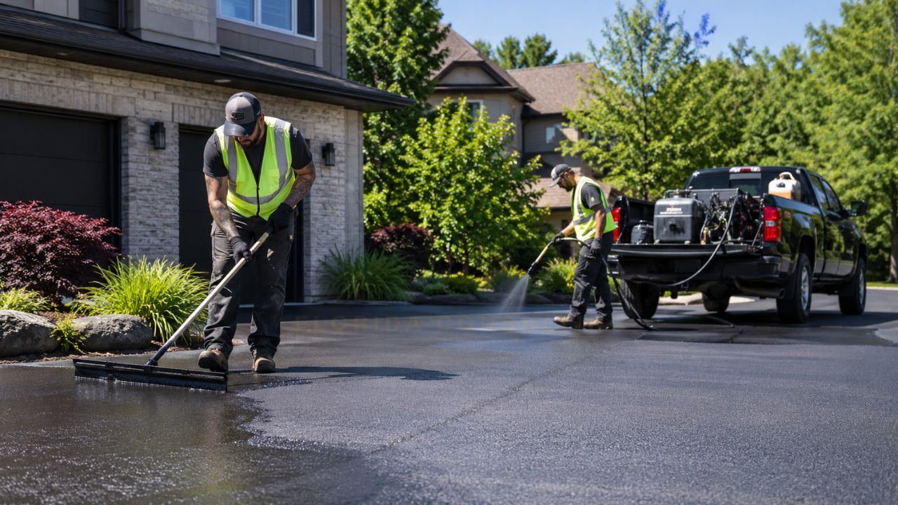 Workers applying asphalt driveway sealer using professional equipment on a residential driveway to protect the pavement and extend its lifespan.