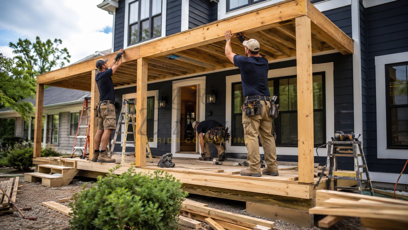Construction workers building a covered wooden porch attached to a residential home with framing, decking, support posts, and exterior carpentry work