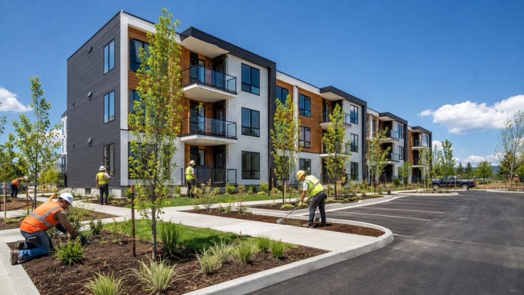 Workers landscaping around a newly constructed 10-unit apartment complex with parking lot, sidewalks, and modern multi-family residential buildings.