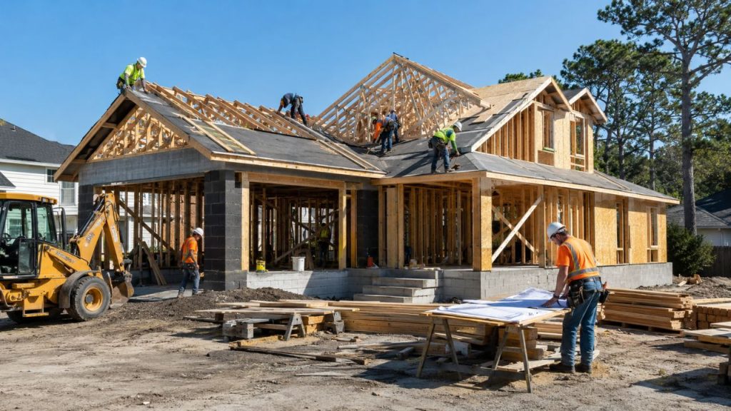 New 3-bedroom house under construction with roof framing, construction workers, heavy equipment, and building plans at a residential job site.