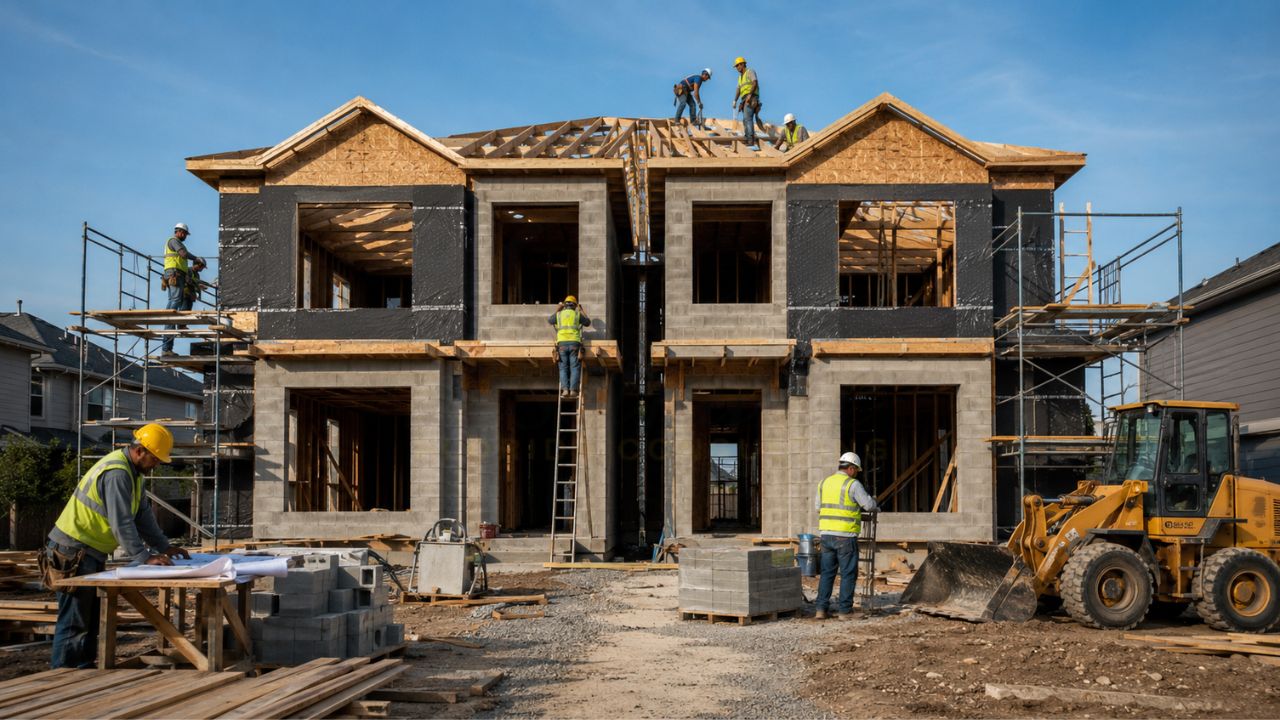 Construction crew building a two-story duplex with concrete block walls, wood roof framing, heavy equipment, and project blueprints at an active residential construction site.