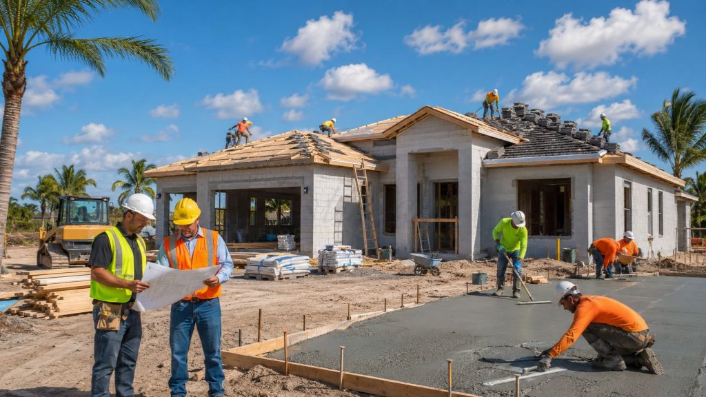 Residential house under construction in Lehigh Acres Florida with workers installing roof, finishing concrete driveway, and reviewing construction plans
