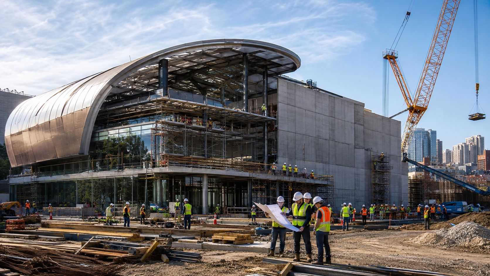 Modern performing arts theater under construction with curved roof structure, cranes, scaffolding, construction workers, and large glass façade