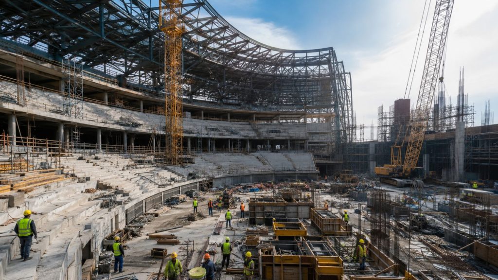 Large auditorium under construction with steel framing, concrete seating, cranes, and construction workers building a modern event venue