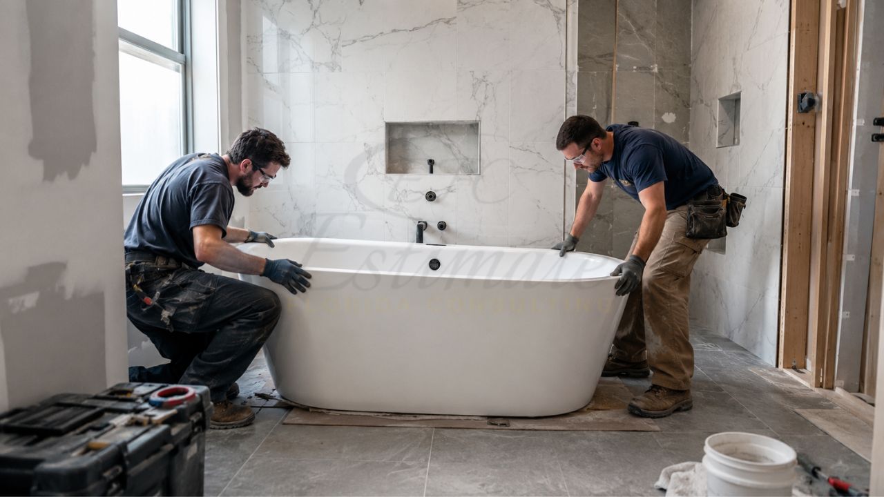 Contractors installing a freestanding bathtub during a luxury bathroom remodeling project with marble tile walls and modern finishes.