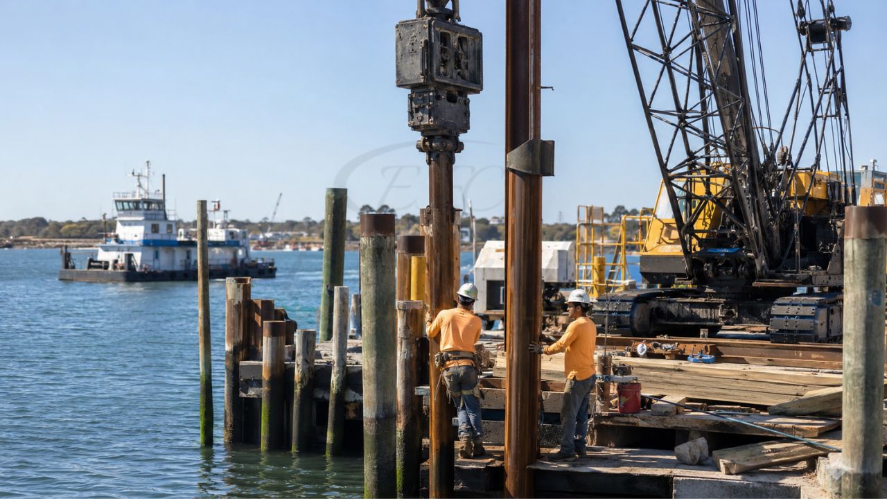 Workers installing dock pilings along a waterfront using heavy pile-driving equipment for marine construction and dock foundation support