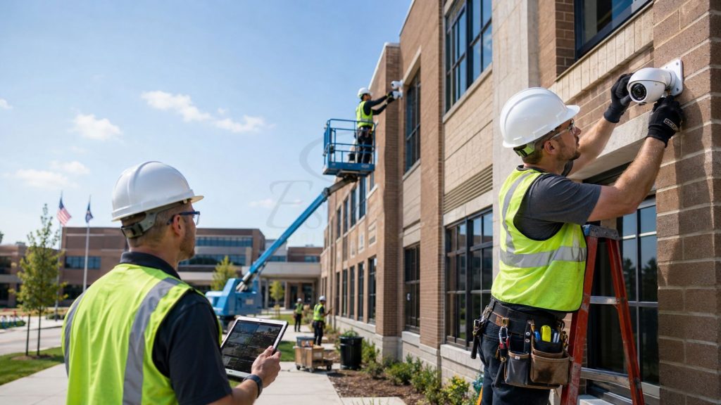 Technicians installing security cameras on a school building exterior using ladders and lift equipment while monitoring surveillance systems on a tablet