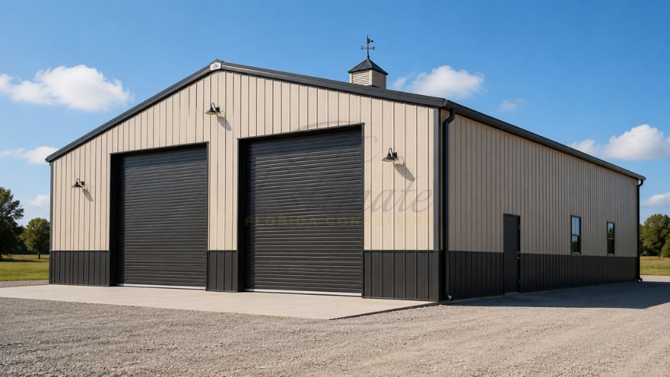 40x60 Morton metal building with large overhead doors showing construction and building cost estimates