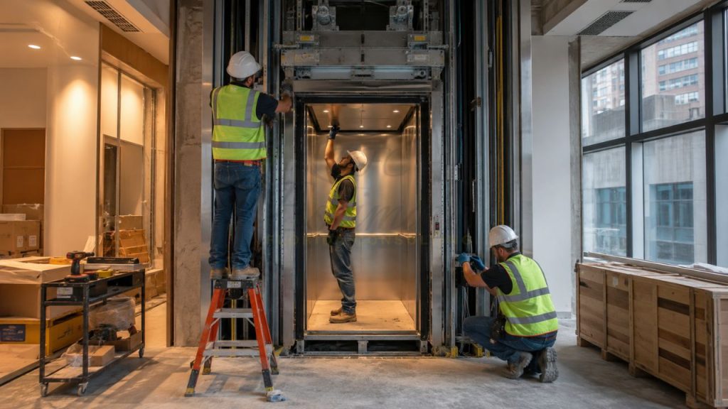 Technicians installing a small commercial elevator system inside a multi-story office and commercial building