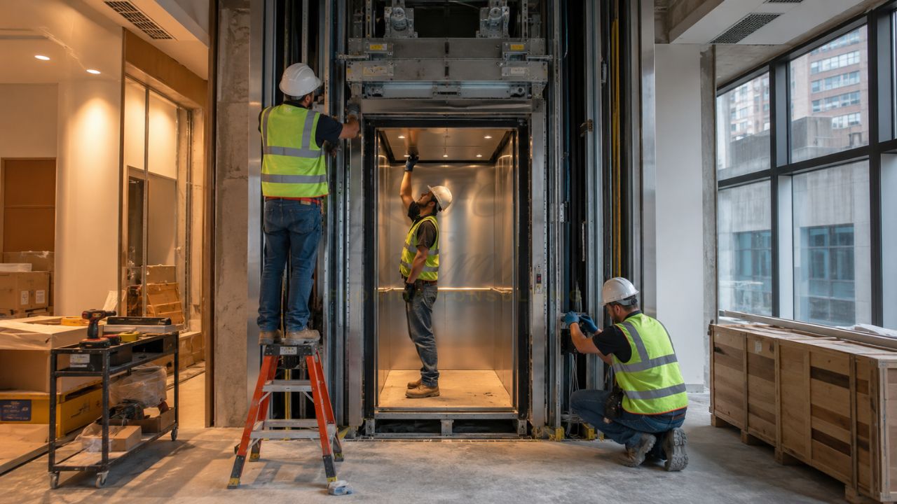 Technicians installing a small commercial elevator system inside a multi-story office and commercial building