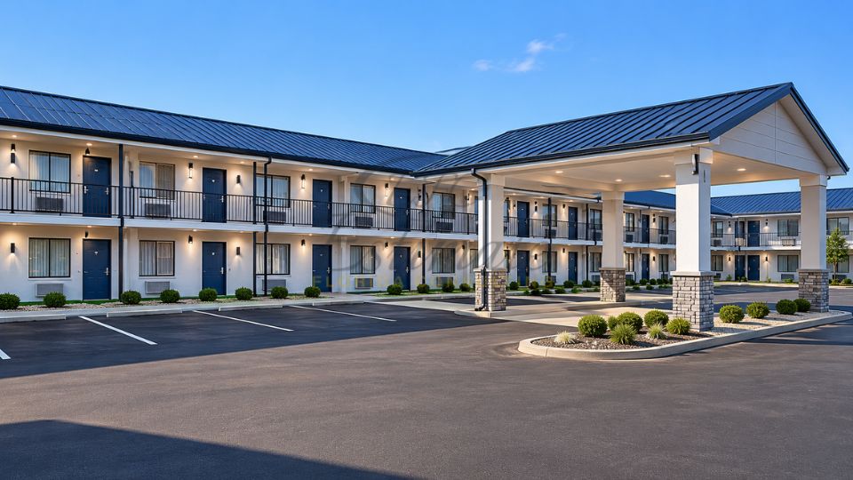 Modern 20-room motel building with parking area showing motel construction and development costs