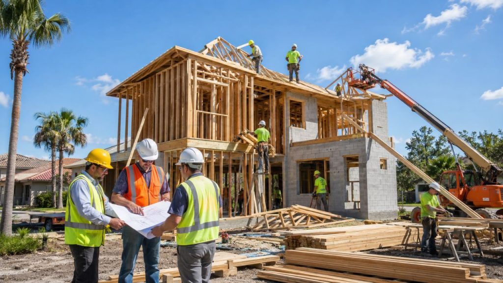 Construction crew reviewing blueprints while building a new custom home in Sanford, Florida with wood framing, masonry walls, and roof truss installation underway.