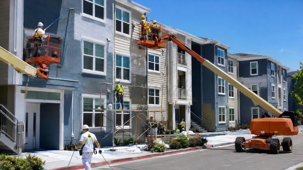 Professional painters using boom lifts and scaffolding to paint the exterior of a multi-story apartment complex in Florida