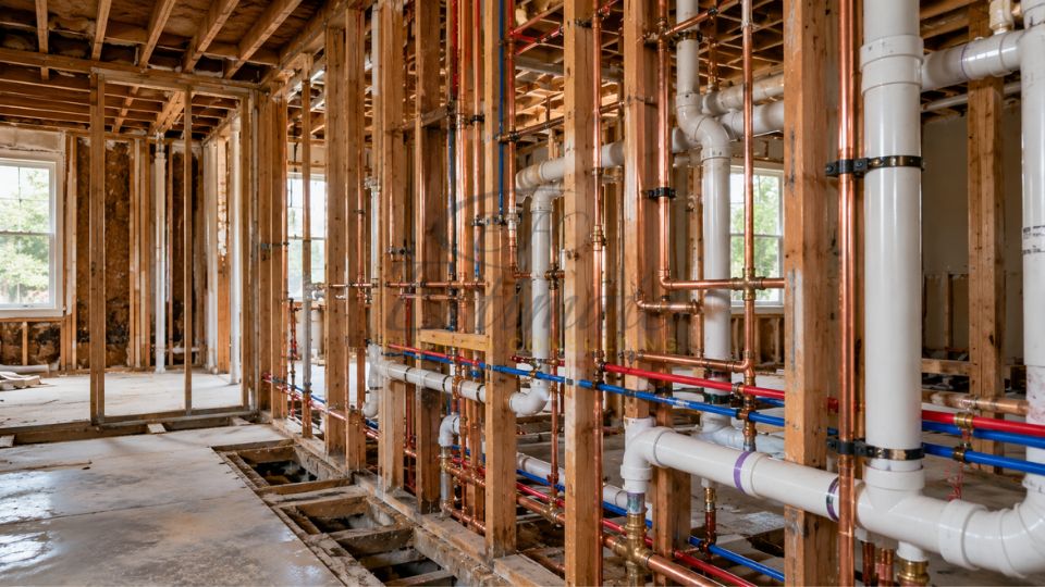 House repiping project showing new water supply and drain pipes installation inside residential wall framing