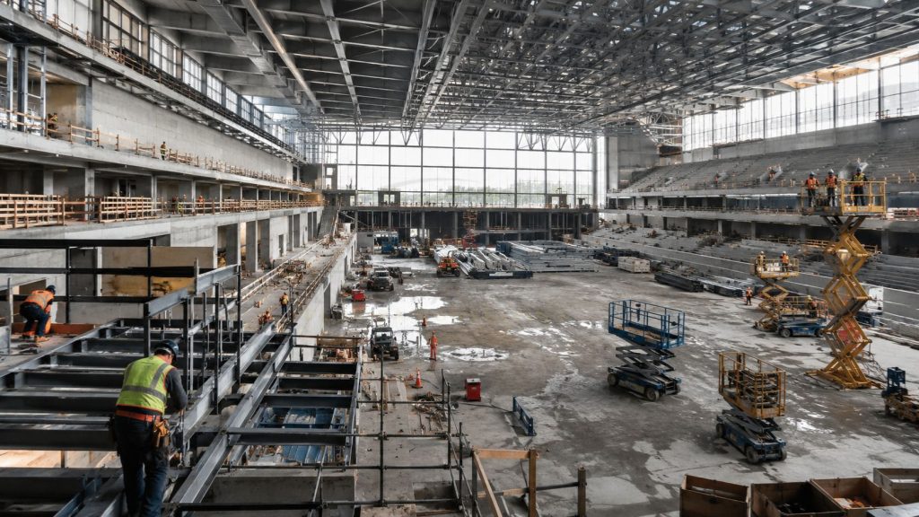 Large indoor sports arena under construction with steel framing, seating areas, scissor lifts, and construction workers installing structural components
