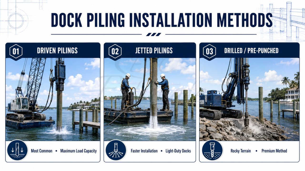 Dock piling installation methods showing driven pilings, jetted pilings, and drilled pre-punched pilings for marine construction projects