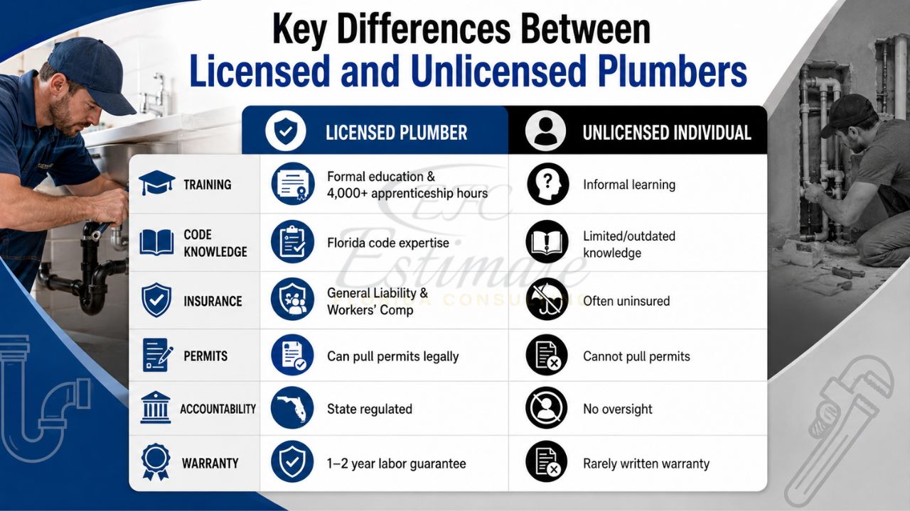 Infographic comparing licensed and unlicensed plumbers based on training, code knowledge, insurance, permits, accountability, and warranty in Florida