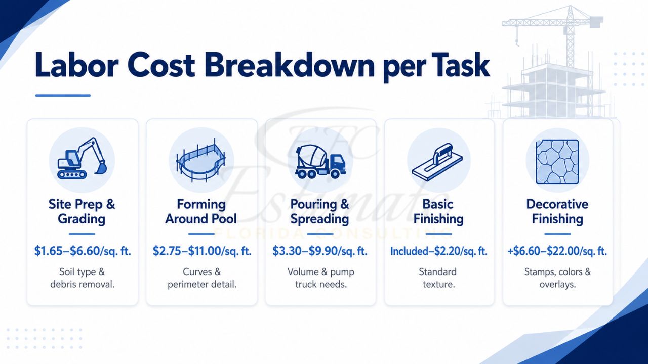 Infographic showing labor cost breakdown for concrete pool deck installation tasks including site preparation, forming, pouring, finishing, and decorative concrete in Florida.
