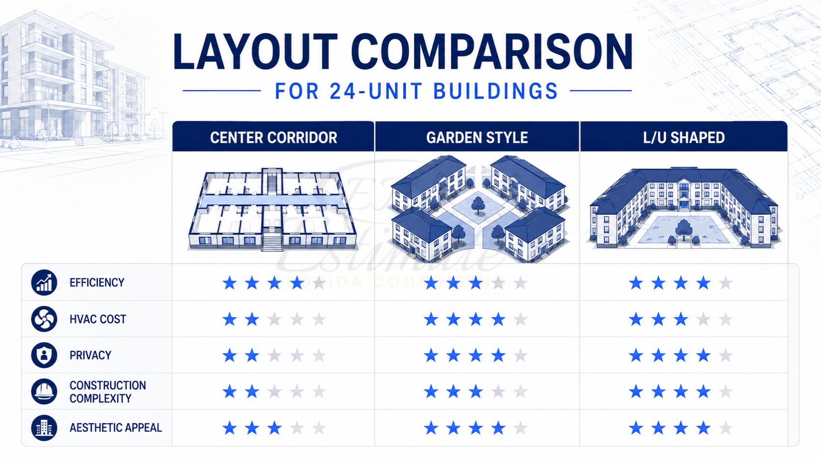 Comparison of center corridor, garden style, and U-shaped layouts for a 24-unit apartment building showing efficiency, HVAC costs, privacy, and construction complexity