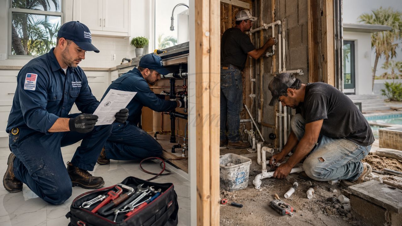 Comparison of licensed plumbers performing code-compliant plumbing work versus unlicensed workers installing plumbing pipes on a construction site in Florida